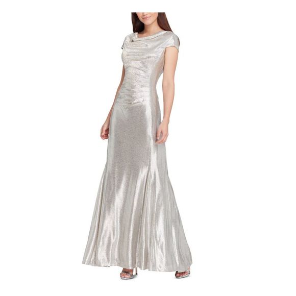 TAHARI Womens Gold Metallic Gown Short Sleeve Cowl Neck Maxi Formal Dress 14 - Picture 1 of 2